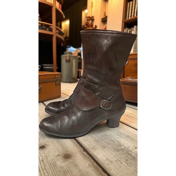 Born Brown Leather Mid Calf Heeled Buckle Western Granny Style Boots Size 10 - Picture 1 of 9